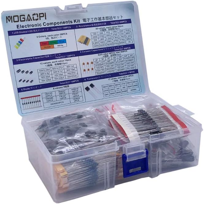 Electronic Components Kit and 1390 Pieces, LED Diodes, Metal Film Resistors, Electrolytic Capacitor, Diodes, Ceramic Capacitors, Transistor Assortment Box