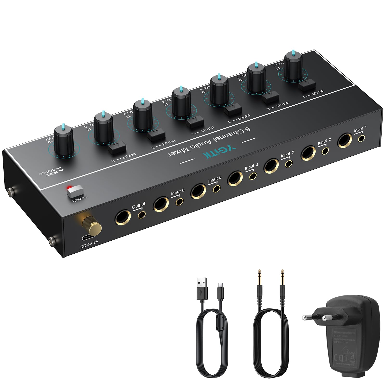 Audio Mixer 6 Kanal Stereo Audiomischer 6,35 mm+3,5 mm Mini-Audiomischer 6 Eingänge & 1 Ausgang, Type-C Aufladen, Ultra Niedrig Noise, mit Lautstärkeregelung