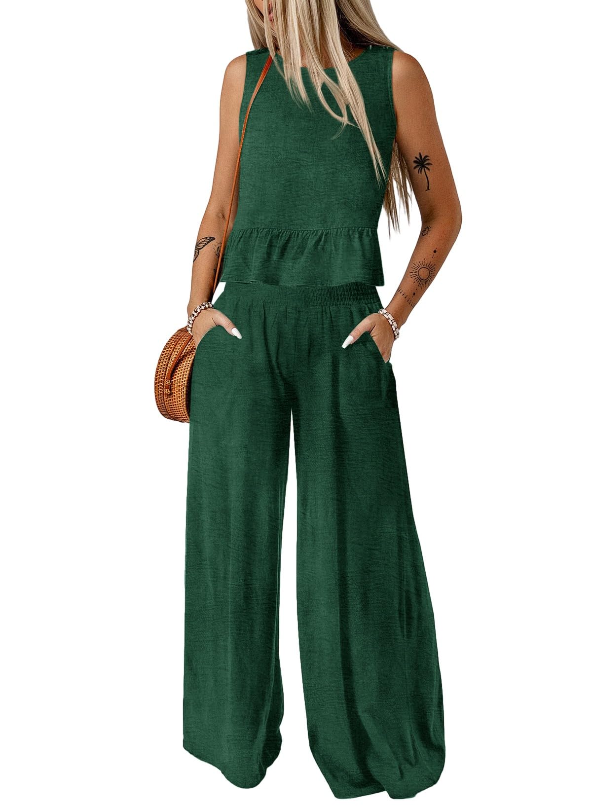 Dokotoo Womens 2 Piece Outfits Tank Tops Elastic Waist Wide Leg Pants Sets