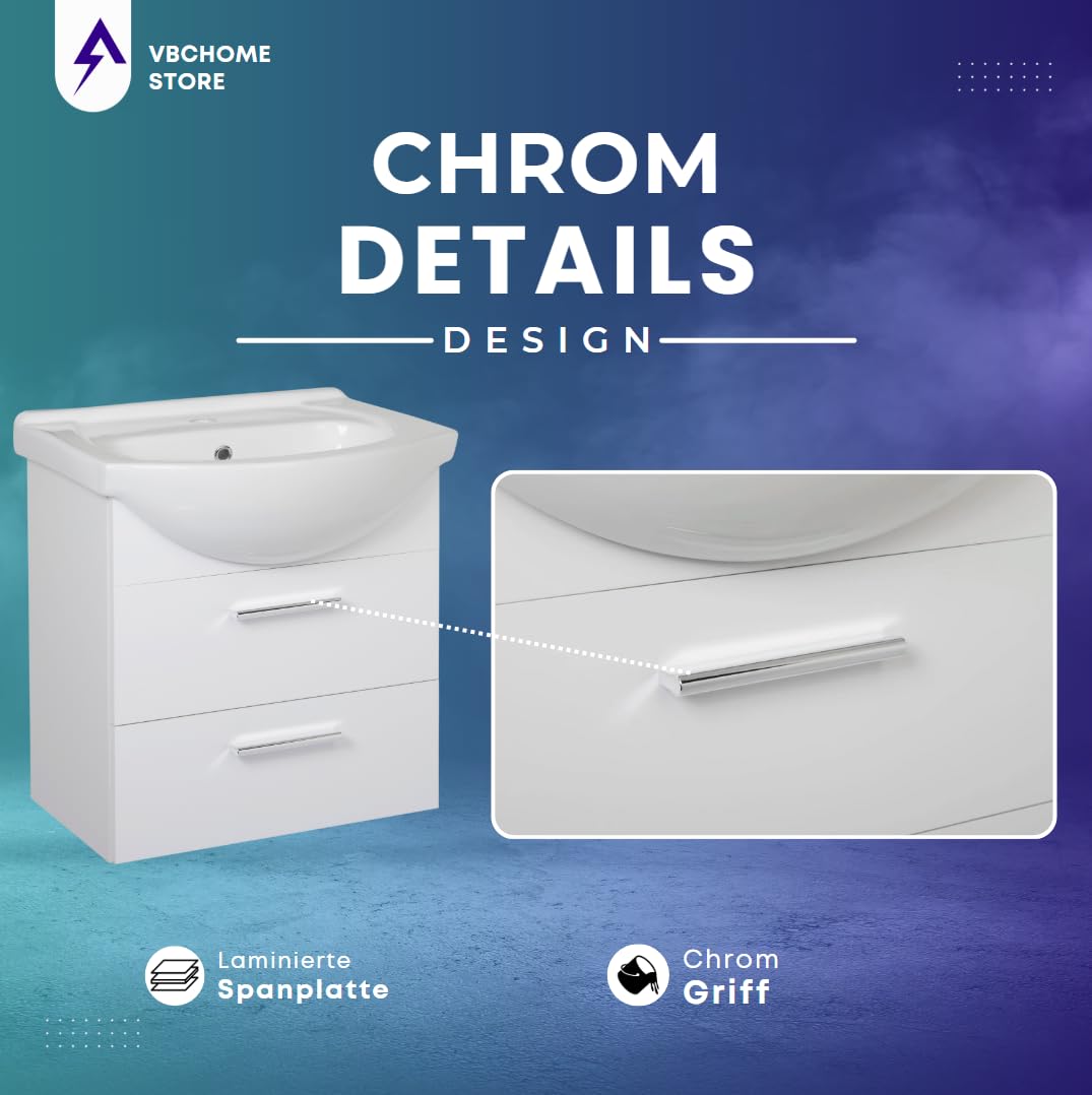 VBChome Set di mobili da bagno 50 x 53 x 43 cm con lavabo in ceramica e pensile con 2 cassetti - Compatto, funzionale ed elegante per piccoli bagni