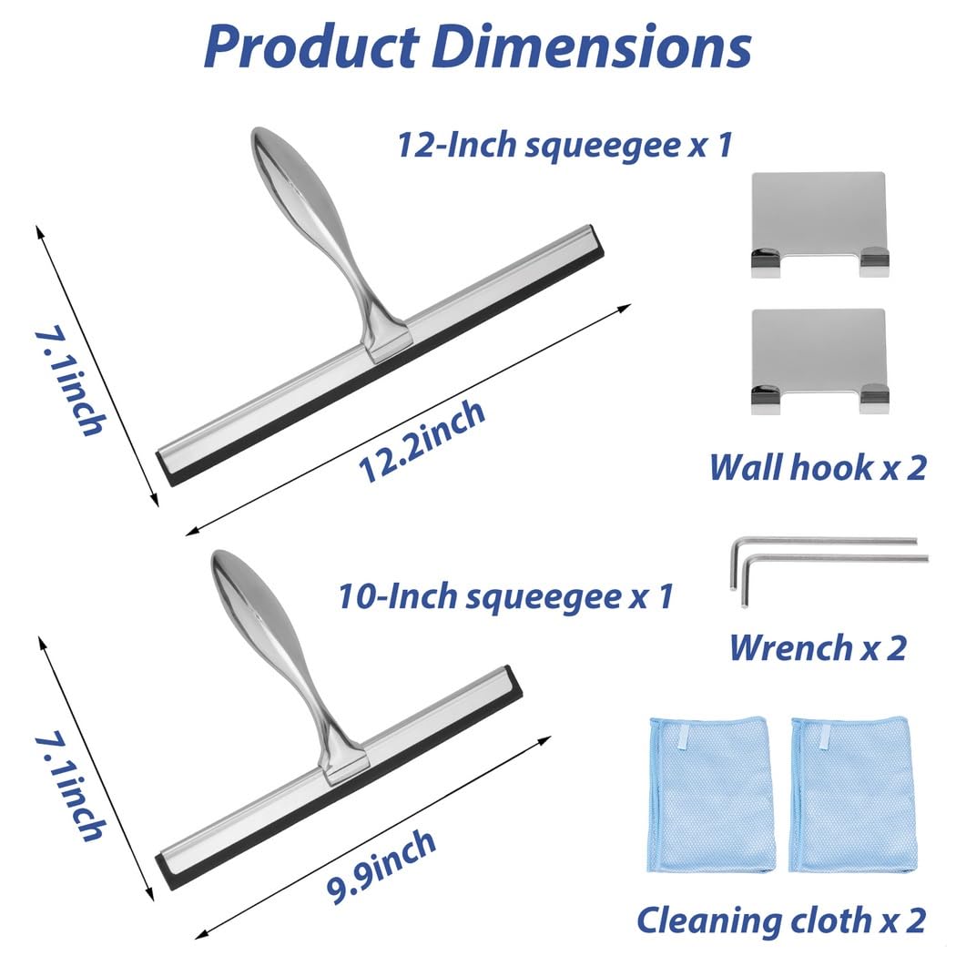 Edelstahl Duschabzieher Set mit Wandhaken, 25,4 cm und 30,5 cm Glasabzieher inklusive Mikrofasertücher für Fenster und Badezimmer