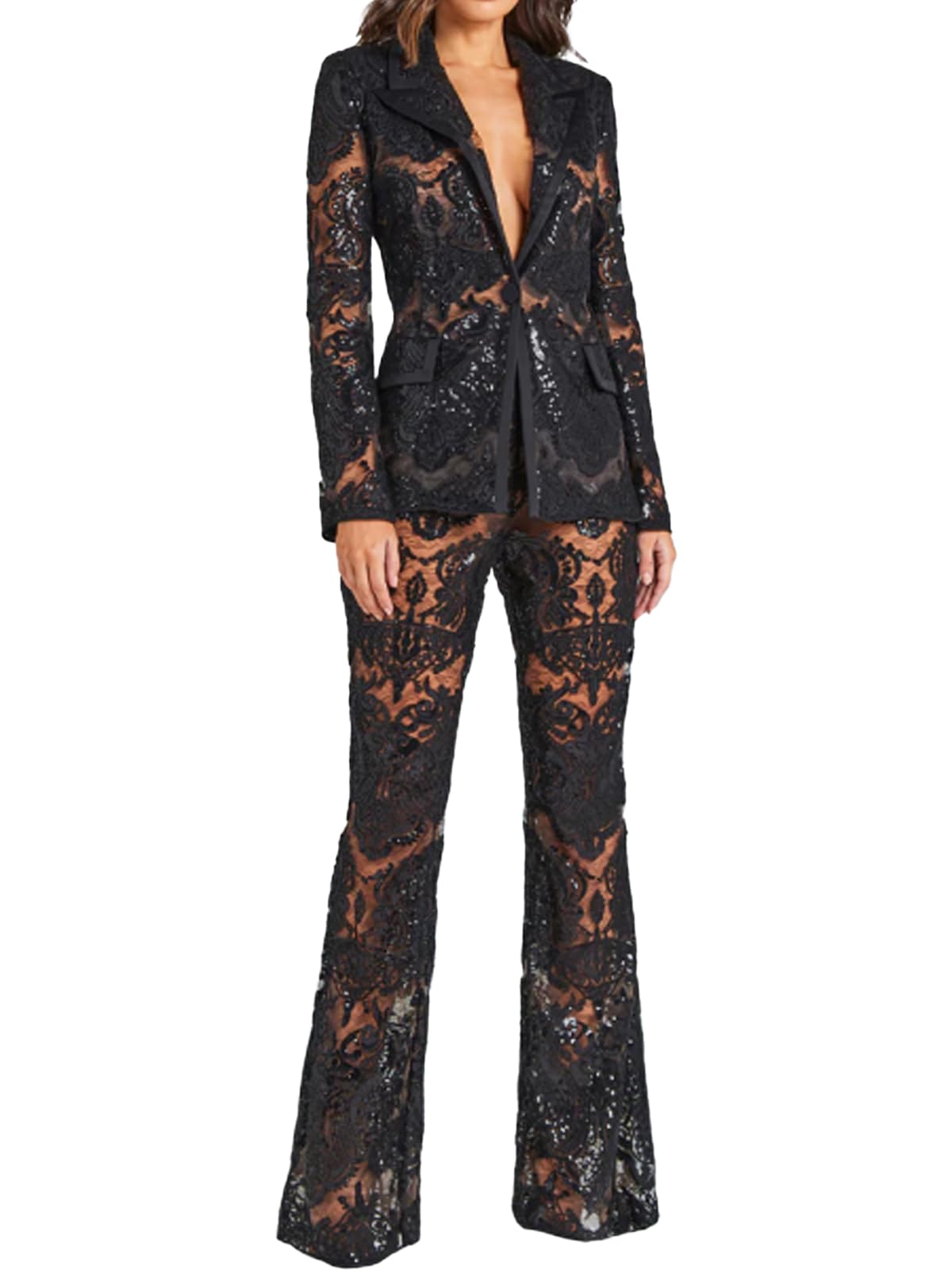 New Womens mesh Embroidered Sequin Suit Jacket with a Soft and Fashionable Collar and Pockets