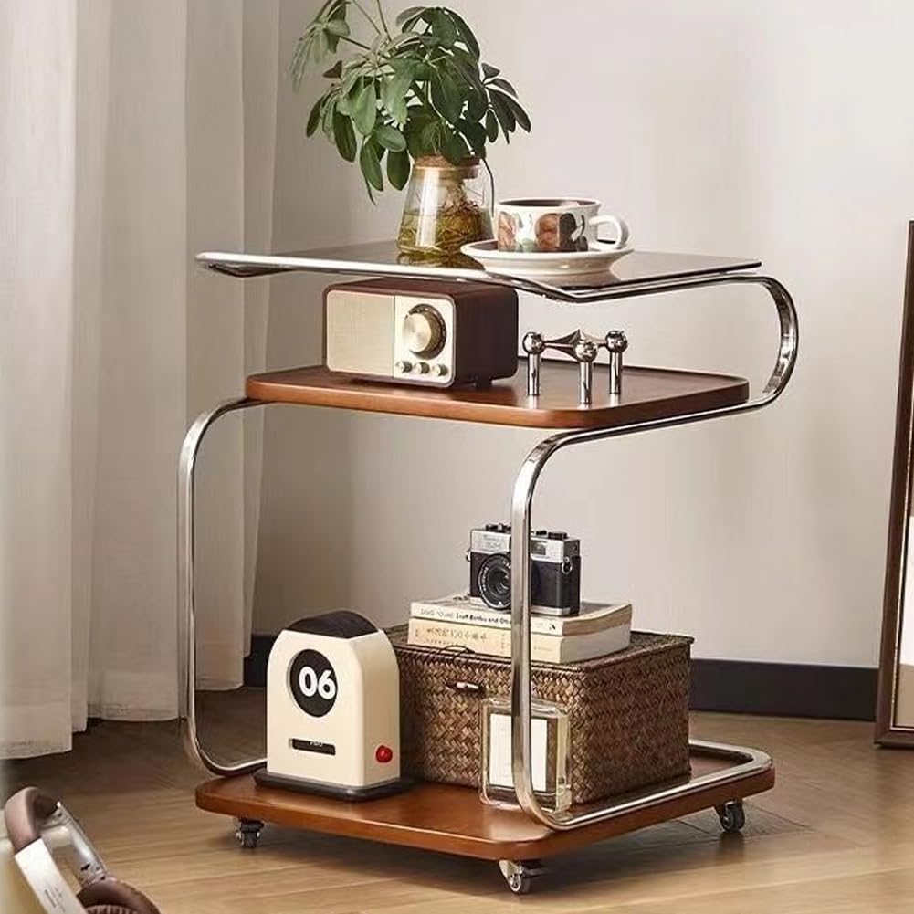 SXZenSpace 3 Tier Small C End Table with Wheels Rolling, TV Tray Glass for Spaces,Couch Side Tables That Slide under Living Room,Bedside,walnut