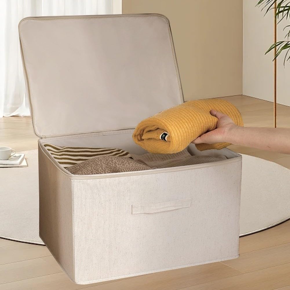 Caja de almacenamiento, 1 paquete organizador de tela, contenedor plegable para ropa, suéteres, colchas, contenedor apilable de lino de algodón con tablero reforzado, organización del hogar que ahorra