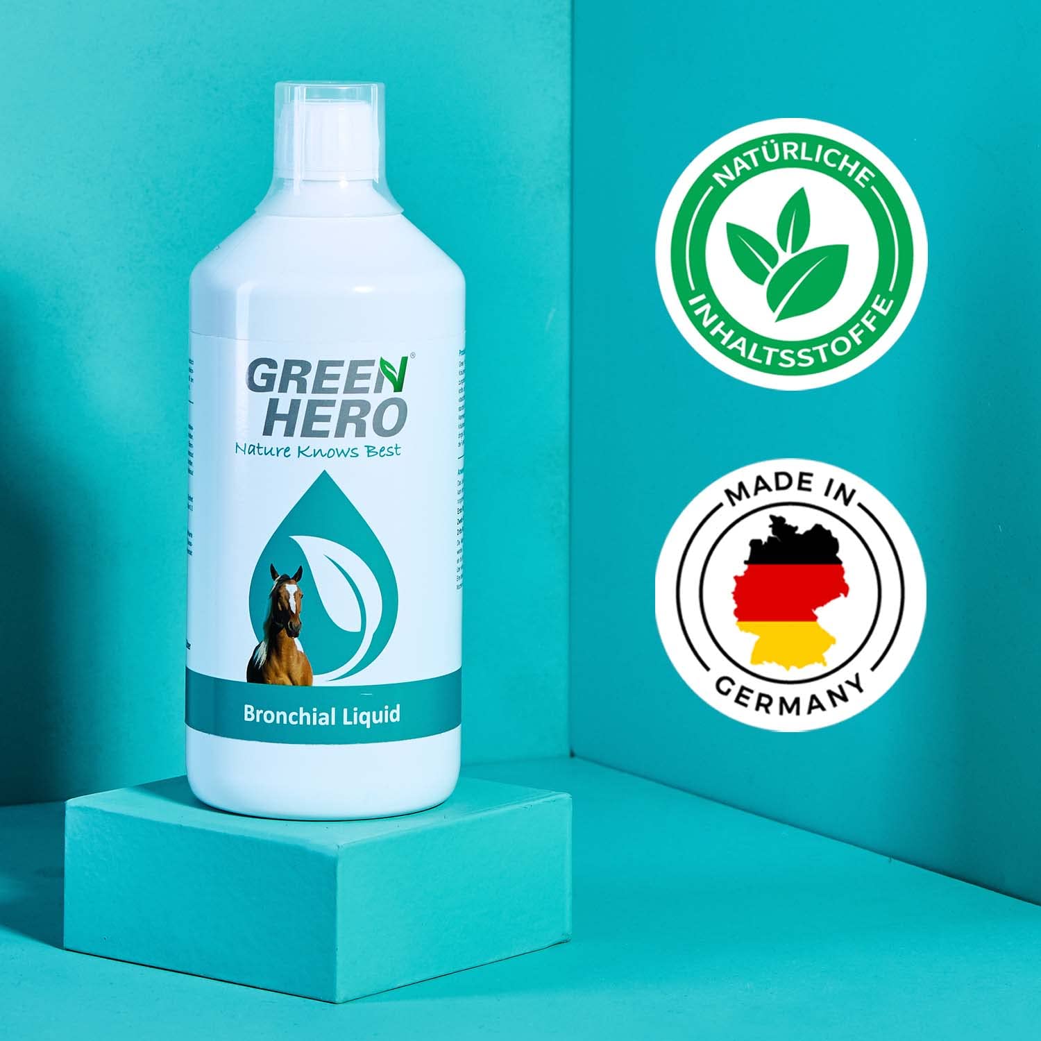 Green Hero Bronchial Liquid pour Chevaux 1000 ML – Jus d'herbes bronchiques avec extraits d'herbes de thym, fenouil et Plus – Jus bronchique avec Herbes respiratoires pour renforcer Les Voies