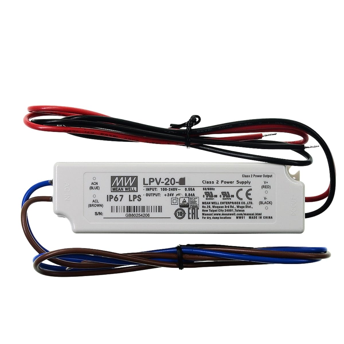 MEAN WELL LPV 20W 24V 0.84A LED Driver， Single Output LPV-20-24 Switching Power Supply Converter Transformer with IP67, Constant pressure