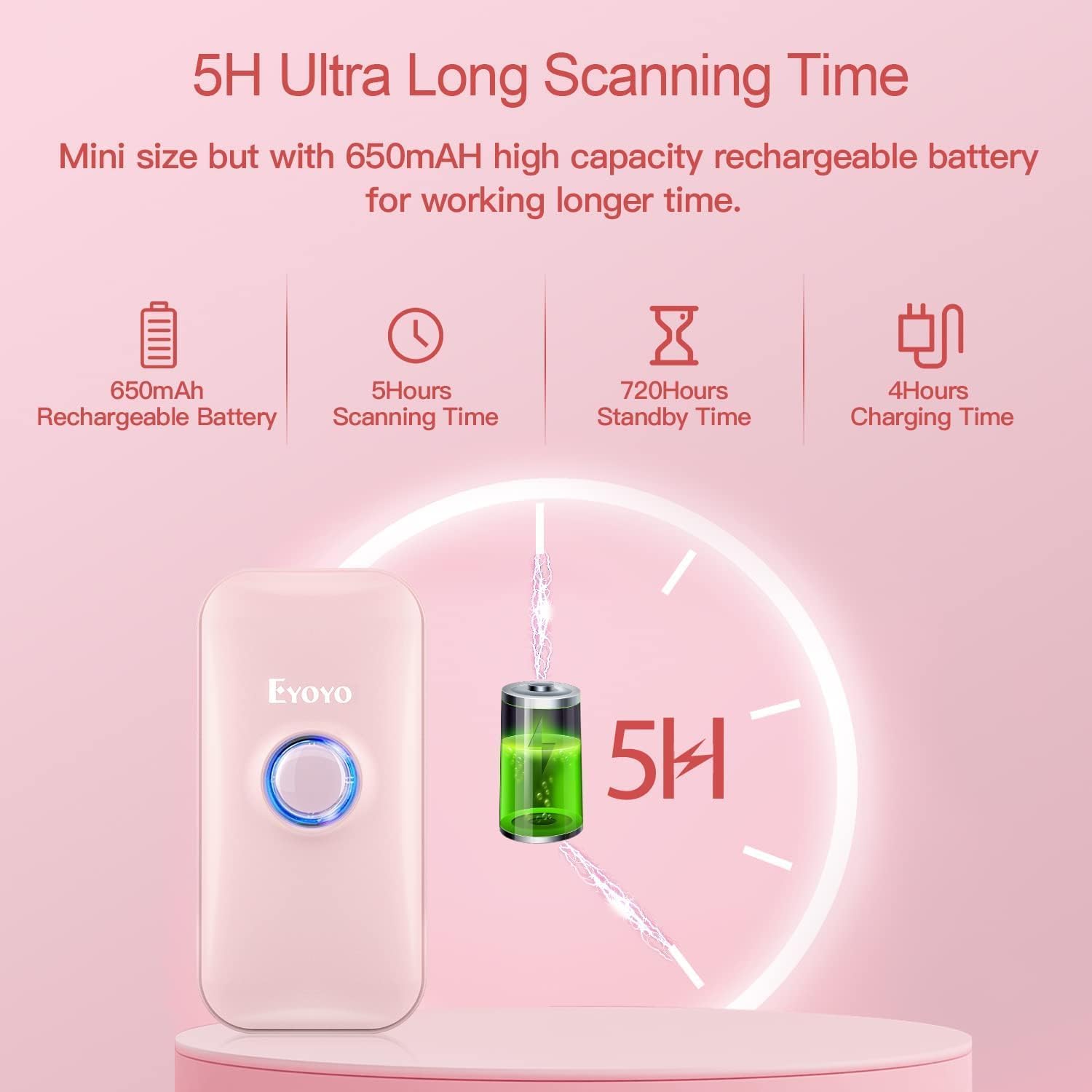 Eyoyo1D Mini Bluetooth Barcode Scanner, 3-in-1 Bluetooth & USB Wired & 2.4G Wireless Barcode Reader Portable Bar Code Scanning Work with Computers, Android, iOS, Tablets or Windows(Pink)