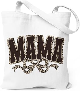 Leopard Tote Bag, Mama Bow Canvas Handbag, Reusable Shoulder Shopper, Trendy Gift for Mom, Wife, Girlfriend, Daughter, Chic Carryall for Shopping, Work, Travel, Beach, Weekend Errands, 13.7 x 15.7 In