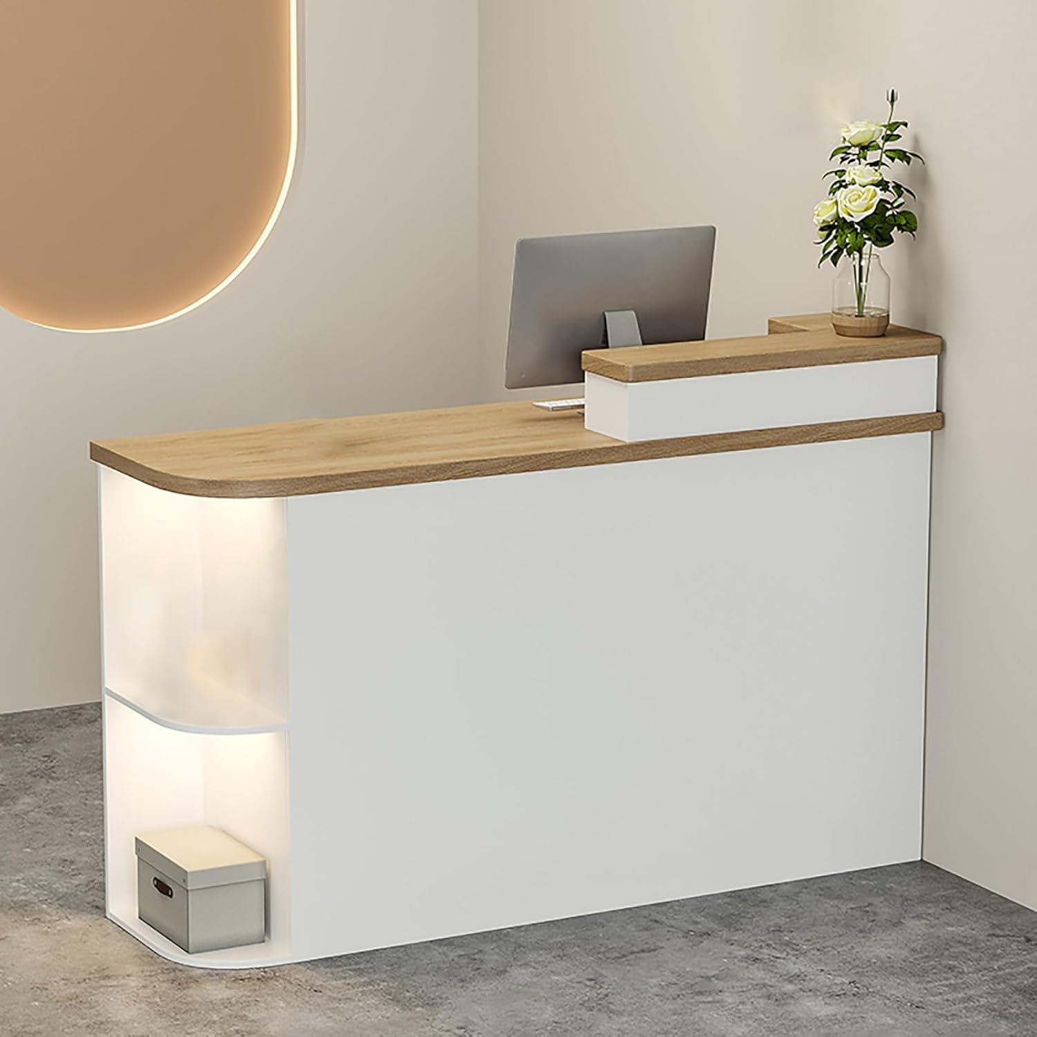 Cashier Desk Oval Desktop with Lights Front Desk Reception Counter Retail Counter Reception Counter Table with Lockable Drawer and Storage Compartment for Lobby Beauty Salon Clothing Store.(Right,COLO