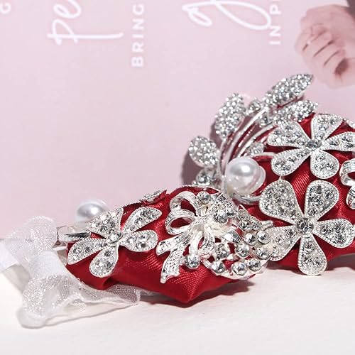 Miniatura 6 de WANLIAN Juego de ramillete de muñeca con peal y diamantes de imitación ramillete y boutonniere para bodas, bailes, fiestas (rojo plateado, 2 piezas)