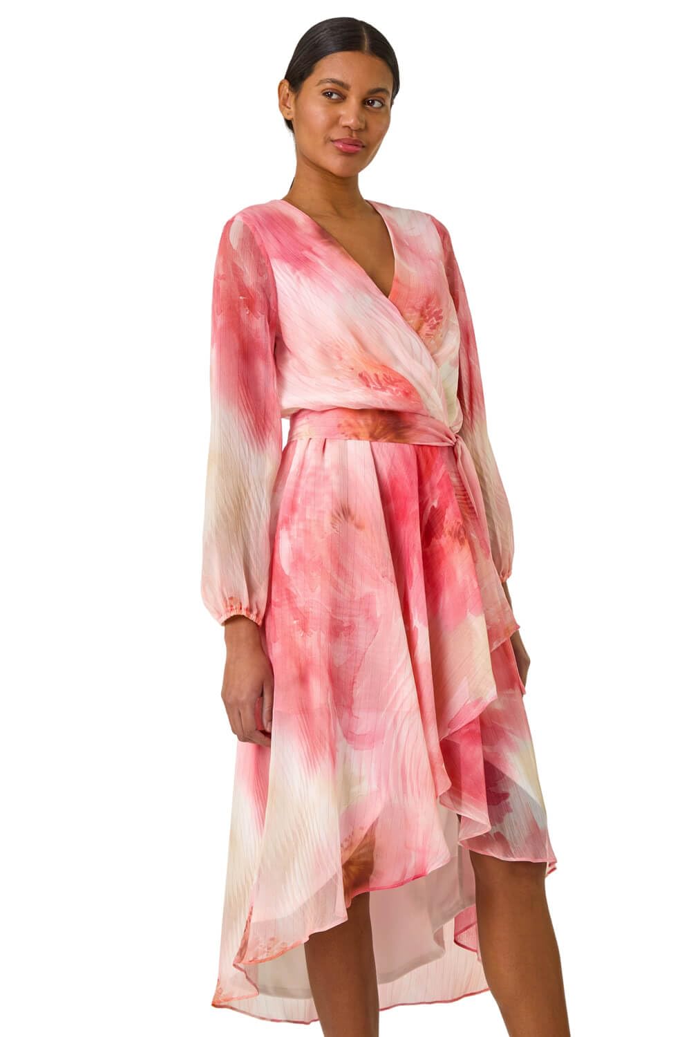 Roman Originals Women's Orange Ruffle Midi Wrap Dress For Uk - Everyday Holiday Spring Summer V-Neckline Comfy Soft Evening Vacation Work Party - Size 10