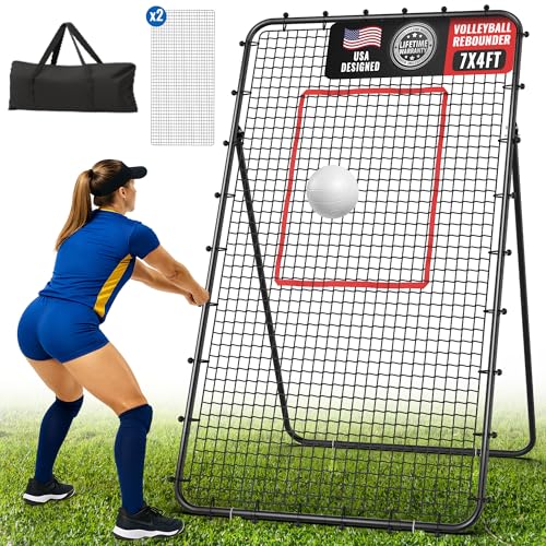 Suteck 7x4ft Volleyball Rebounder Net 2-Net System, 5-Angle Adjustable &