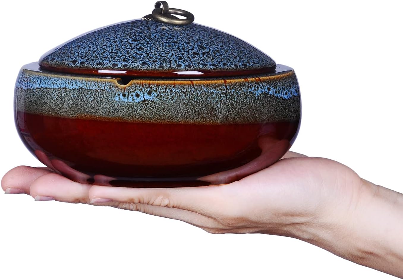 Ceramic Ashtray with Lids Windproof Cigarette Ashtray for Indoor or Outdoor Use Ash Holder for Smokers Desktop Smoking Ash Tray for Home Office Decoration (5.2"Blue)