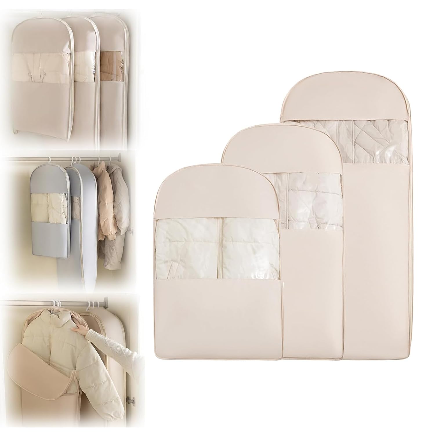 Ysinobear Beige Space Saving Hanging Garment Bag With Self Compression Zipper,Space Saver Closet Organizers,Large Dust Cover Clothes Bags For Down Coat,Dust Cover Clothes Storage Bags ﻿ ﻿ (, 3Pcs)