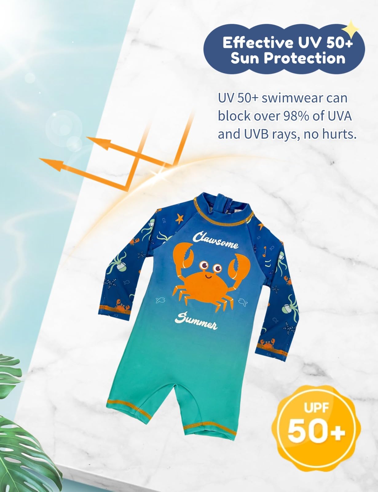 weVSwe Baby Toddler Boy Swimsuit Long Sleeve Baby Swimwear UPF 50+ Sun Protection Rash Guard Swimming Costume with Crotch Zipper 0-3 Years — view 45