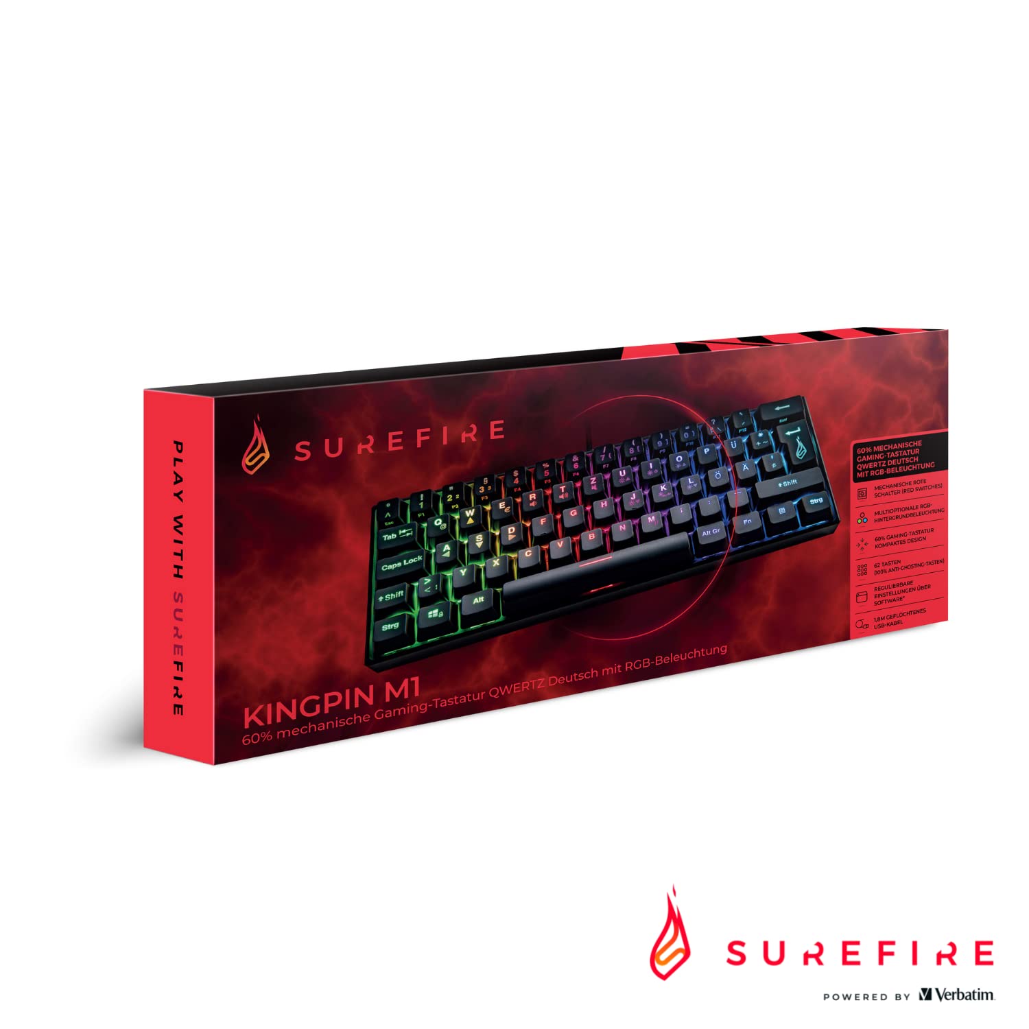 Surefire Kingpin M1 - Tastiera meccanica da gioco 60% tedesca, tastiera multimediale da gioco, piccola e mobile, tastiera RGB con illuminazione, 100% tasti anti-ghosting, layout tedesco QWERTZ