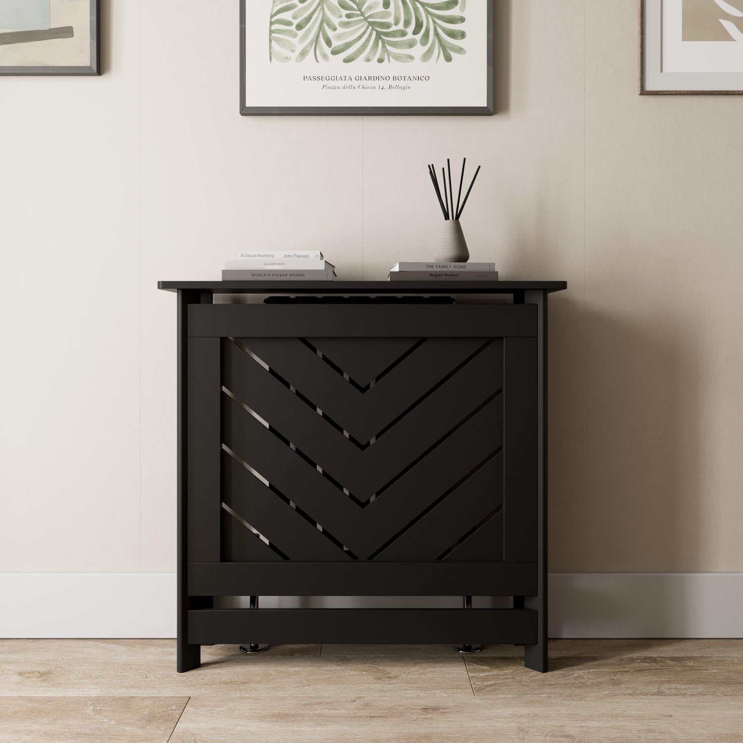 DuraTherm® Arrow Radiator Cover Black Modern Chevron Slat Shelves MDF Cabinet Shelf for Radiators, Living Rooms, Bedrooms, Small (W: 85cm / H: 81.5cm / D: 21cm)