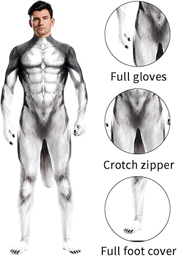 Miniatura 4 de Body completo de animal para hombre, disfraz de elastano musculoso, disfraz peludo con cola grande para adultos, cosplay, fiesta de Halloween