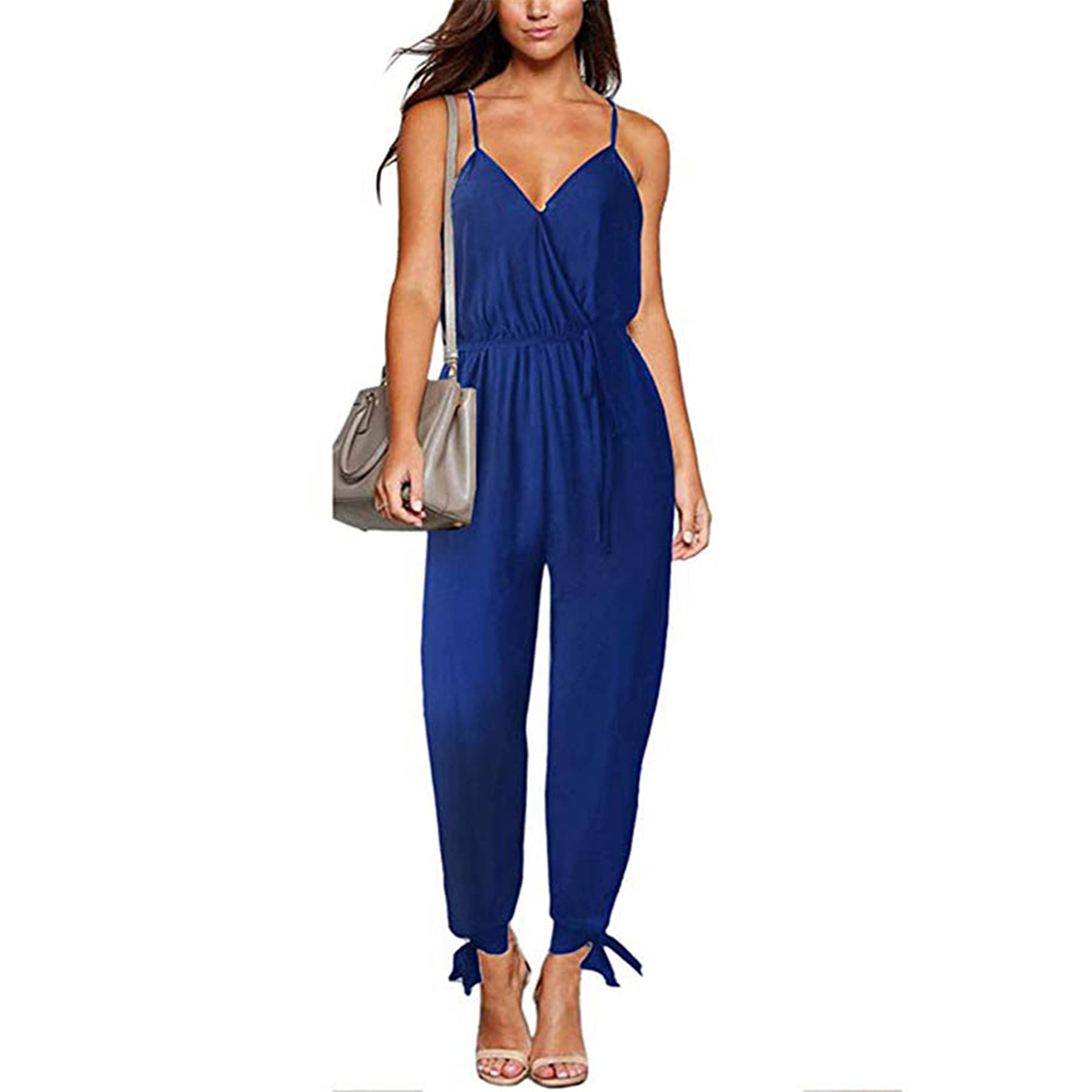 TSWRKWomen's Floral Jumpsuit Halter Tie Ankle Split Leg Sleeveless Rompers