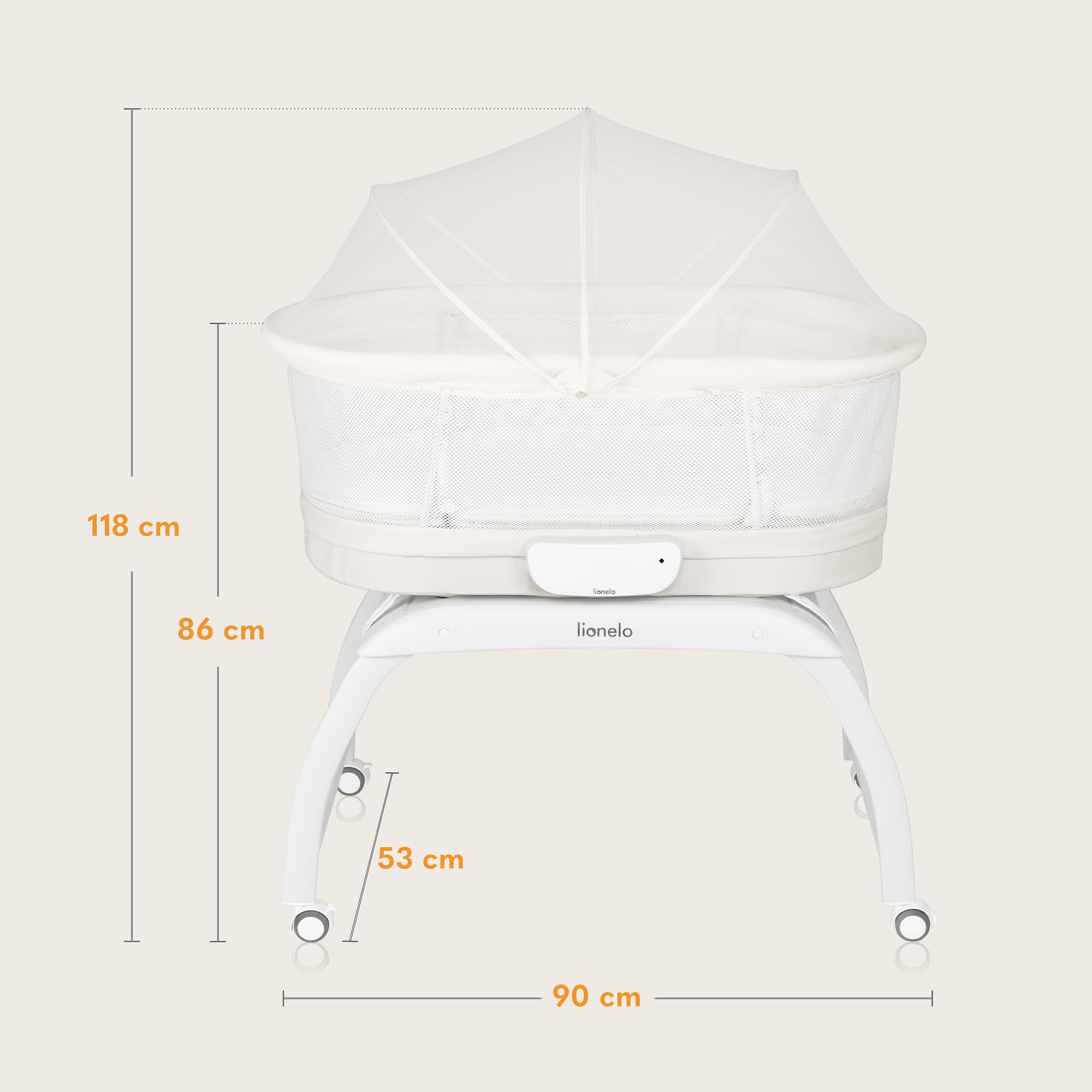 LIONELO Coral 3 en 1 Lit Bébé jusqu'à 9 kg, Berceau, Pèse-bébé, 5 Vitesses de Balancement, 12 Mélodies 4 roulettes Matelas Ergonomique Minuterie Télécommande Moustiquaire