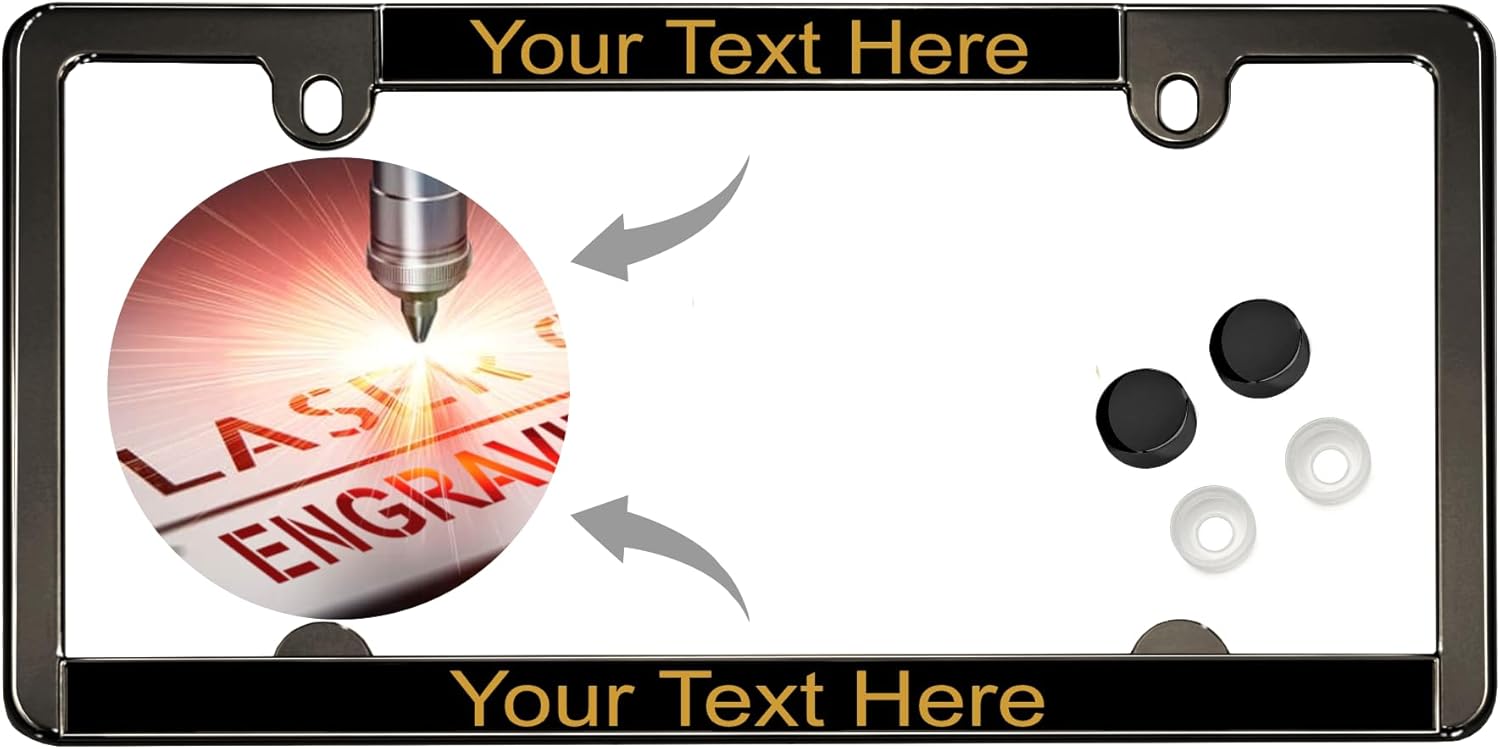 All-States | Slimline 2 Hole Gunmetal [Black Chrome] Metal Personalized with Custom Text Design Standard Size CAR License Plate Frame with Free Cap - Black/Gold (Qty: 1 Frame)