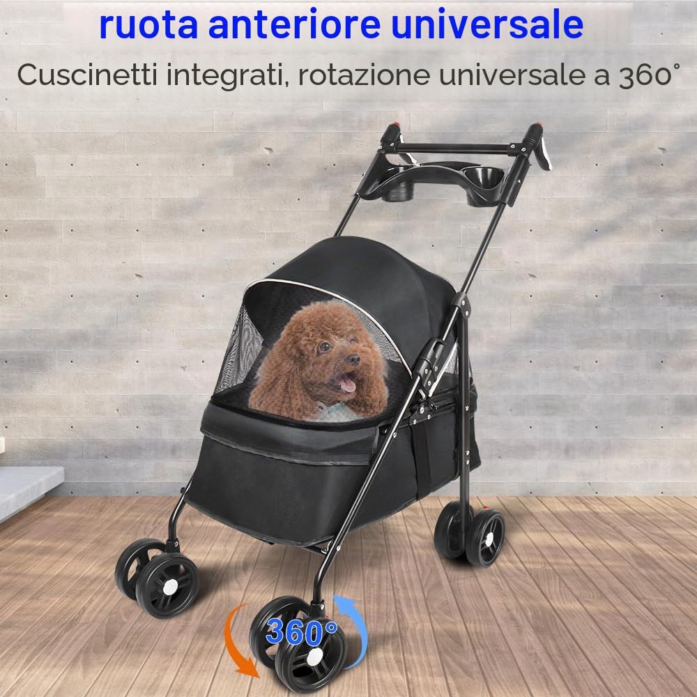 Passeggino per cani da viaggio, 25 kg, con sacchetto di stoccaggio, copertura antipioggia e portabicchieri - Pet Stroller Buggy 50 x 70 x 95 cm, nero