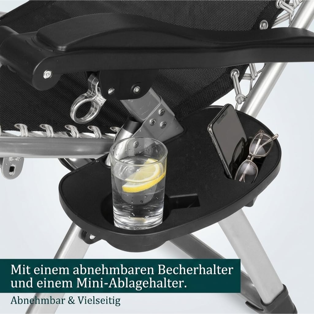 Zero Gravity Liegestuhl, Sonnenliege Klappbar mit Klapptaschen, Outdoor Sessel für Balkon oder Garten für Patio-Pool-Camping-Strand, Gartenliege Mit Tassenhalter & Kissen (Schwarz 1 Stück)