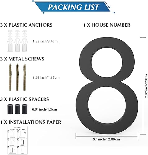 Miniatura 102 de DEWEL Números flotantes de casa grandes de 8 pulgadas para exteriores, decoración de números de dirección de casa modernos negros para señalización