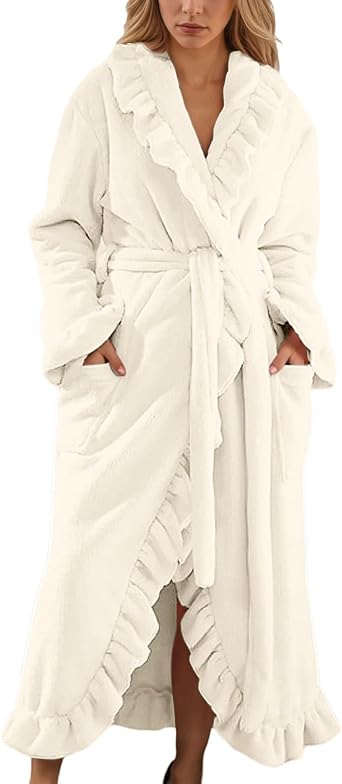 Robes For Women Long Length Soft Ruffle Hem Loungewear Bathrobe Cozy Flannel Robe Sleepwear Bathrobes With Pockets