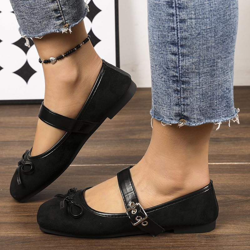 Women's Ballet Style Flat Shoes - Mary Jane Style with Ribbon Fastener & Bow Tie Detail