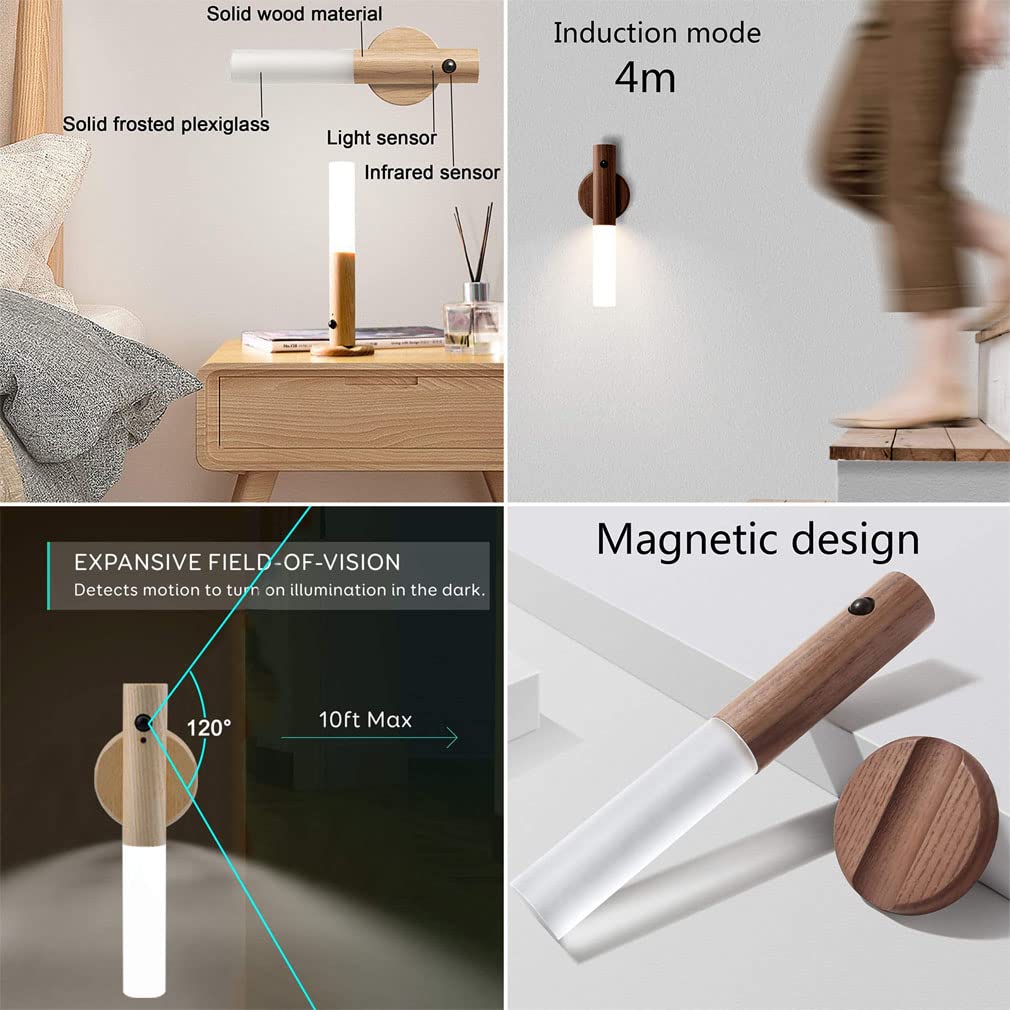 2 Piezas Armario Luz Nocturna LED Sensor de Movimiento Pilas Recargable USB Madera Aplique de Pared Interior con Interruptor Lámpara de Noche Sin Cable Magnetica Infantil Ninos Bebe Pasillo Escalera