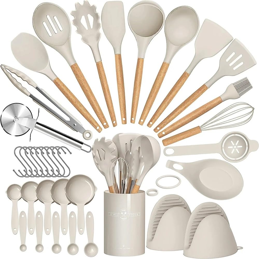 Küchenutensilien-Set mit langem Griff, hitzebeständig, antihaftbeschichtet, Silikon, Pfannenwender, Suppenlöffel, Schaufel, Küche, Kochwerkzeug (Khaki)