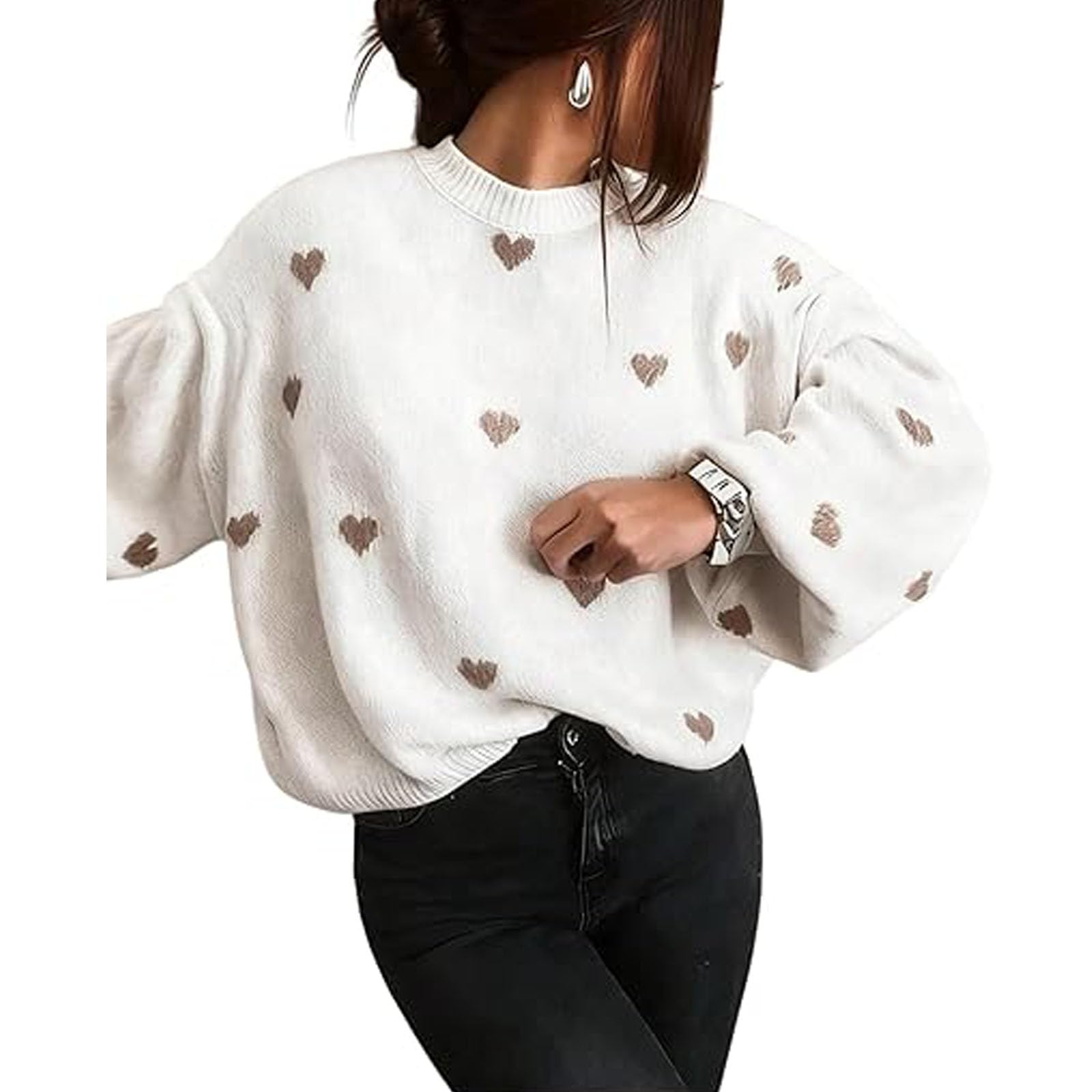Maglione oversize da donna a forma di cuore per San Valentino, maglione lavorato a maglia, sciolto con spalle cadenti casual