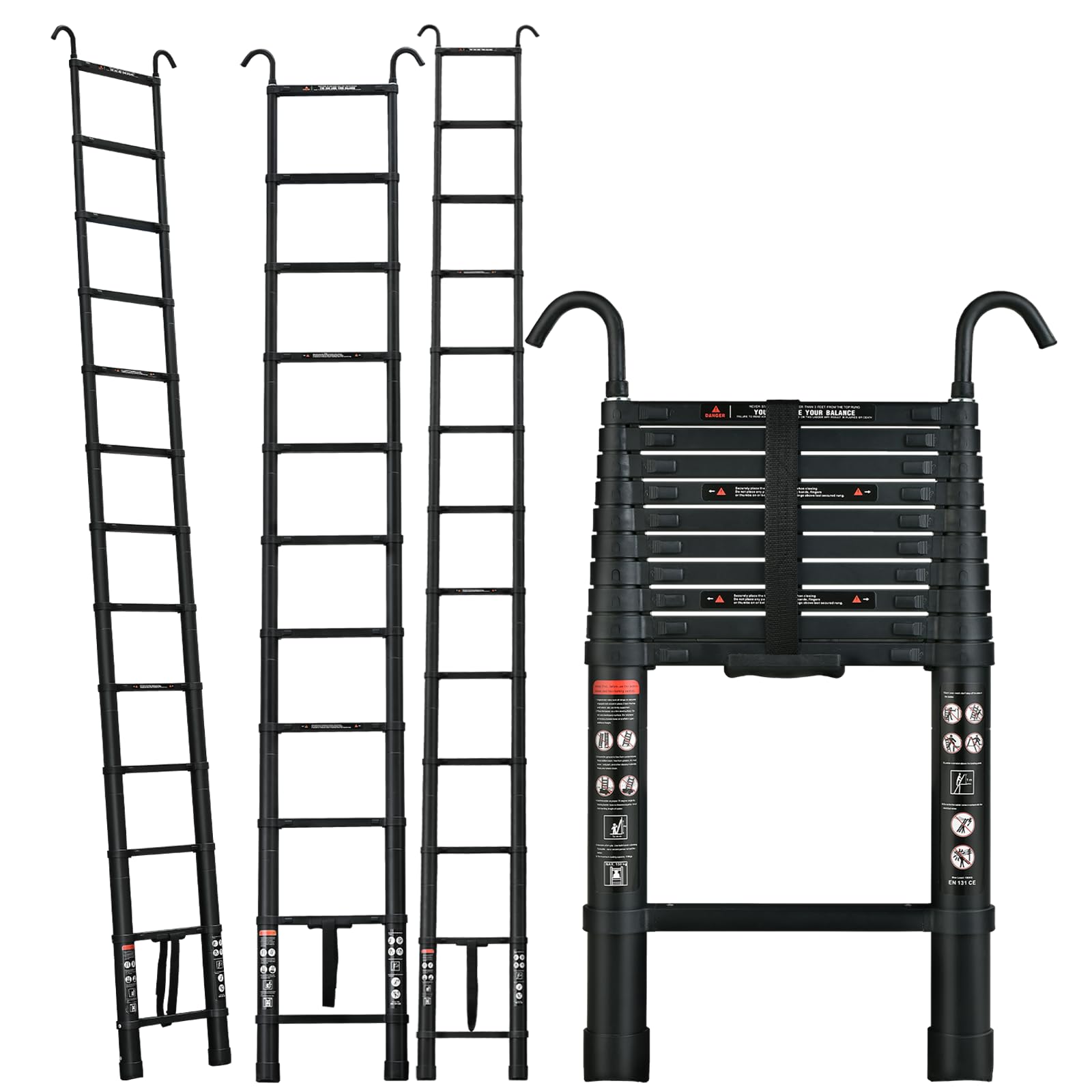 5M/16.4FT Telescopic Ladder Loft Ladder with 2 Hooks, Aluminium Extension Foldable Ladder Multi Purpose Ladder with Adjustable Height, Non-Slip Feet for Household, Max Load 150kg/330lb, Black