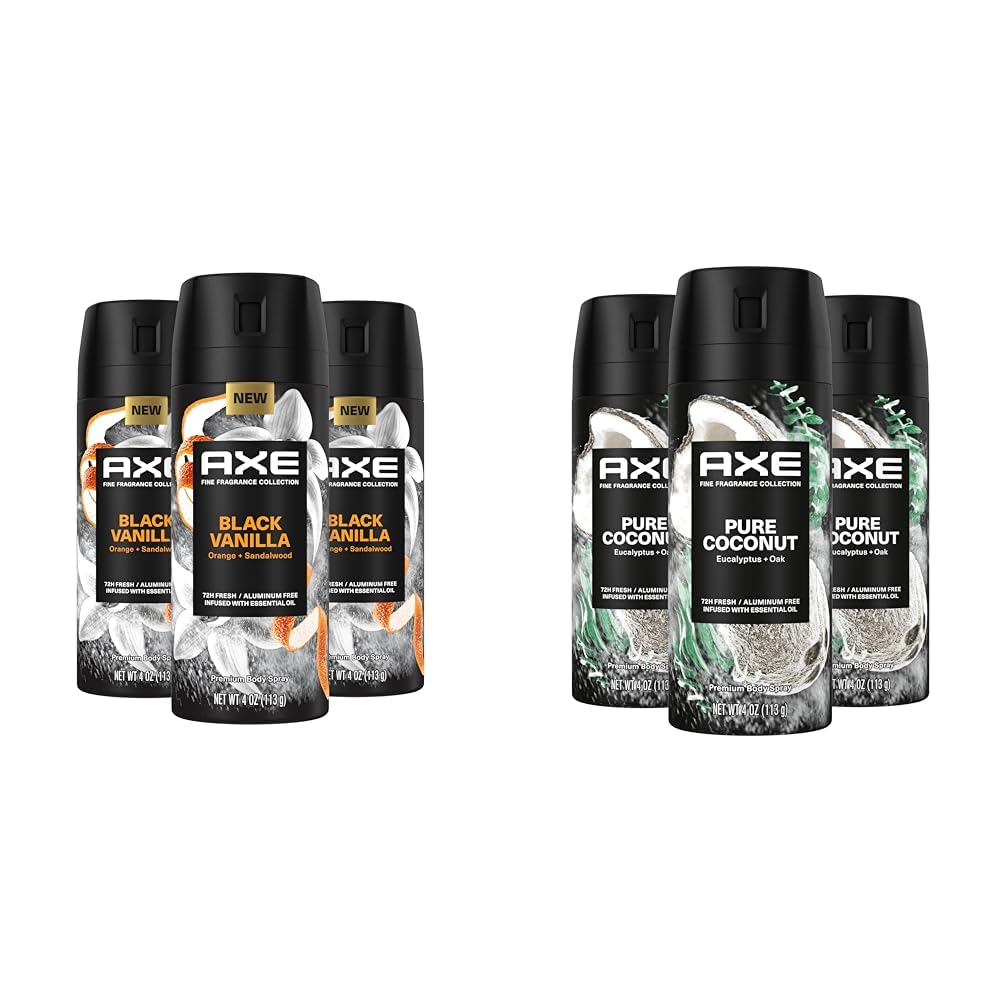 Axe Fine Fragrance Black Vanilla Orange Sandalwood Premium Body Spray 3 Count & Pure Coconut Deodorant Body Spray 3 Count Bundle
