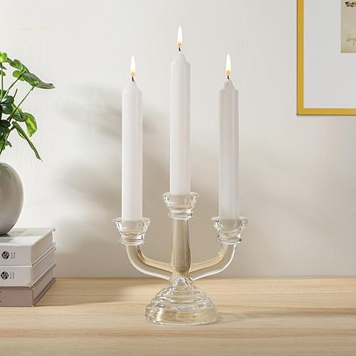 Kssiaz Glass Candle Holder, 3 Arms Candelabra for 3/4'' Taper Candles, Elegant Candlestick Holder Candle Stand for Centerpiece Dining Table Anniversary Christmas Party Wedding Home Decor,Clear Glass