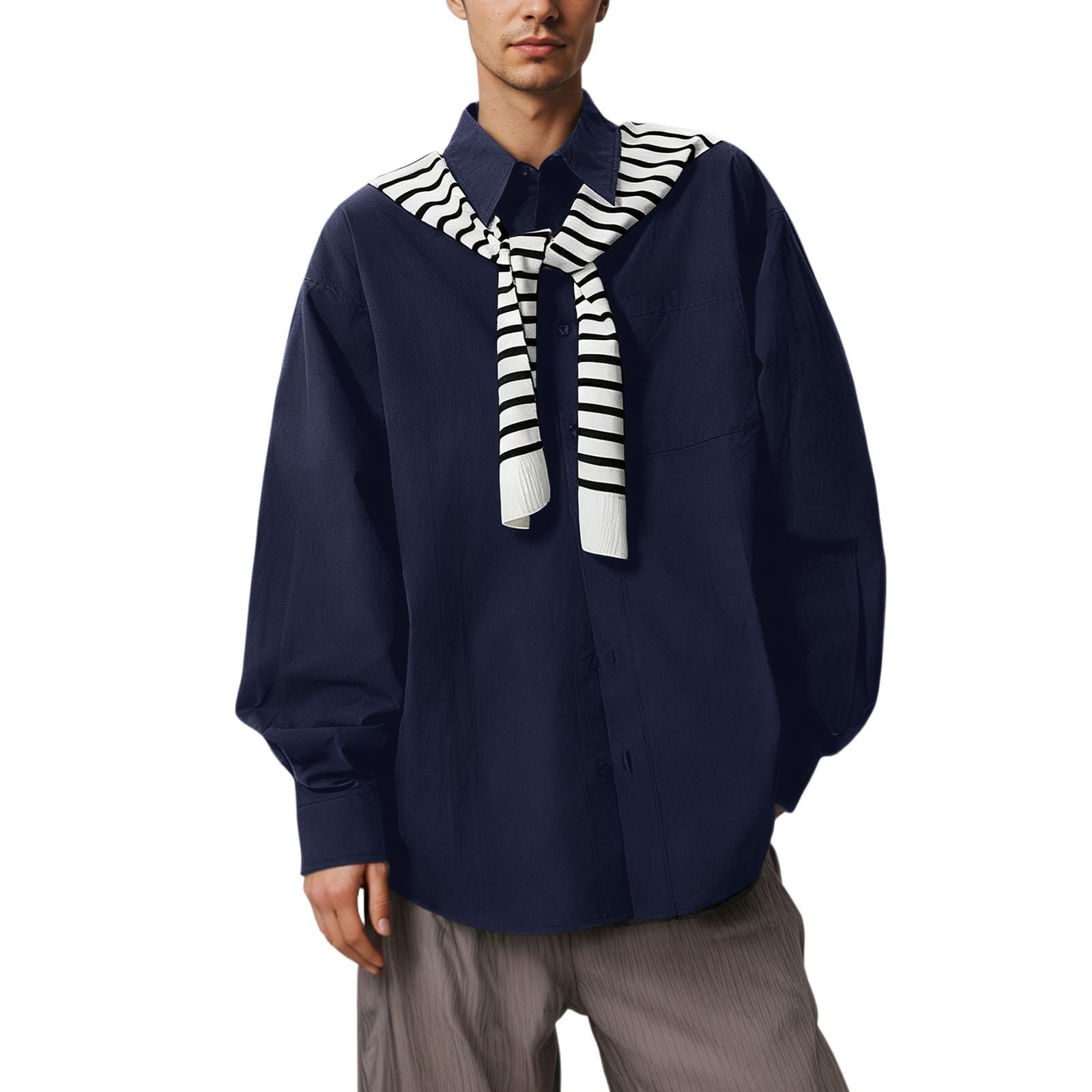 Camicia invernale da uomo, a maniche lunghe, con bottoni, per il tempo libero, con sciarpa a righe rimovibile, a righe, a maniche lunghe, da lavoro, in tinta unita