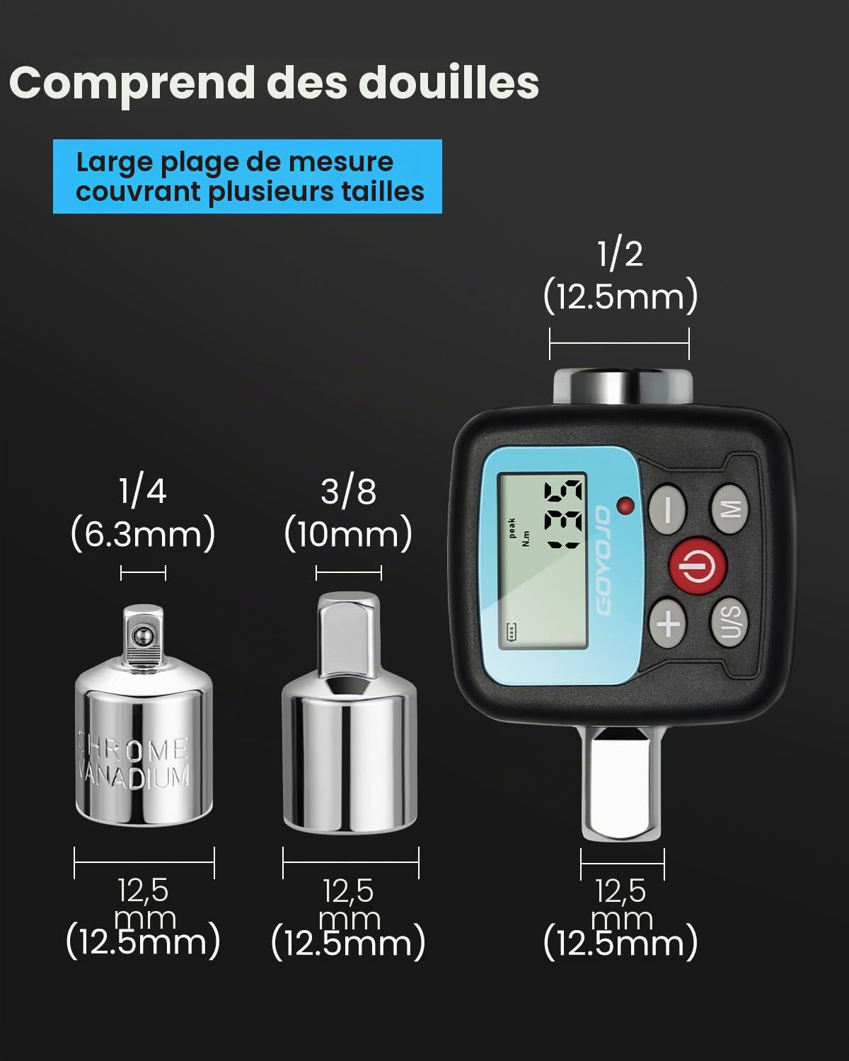 GOYOJO Clé Dynamométrique Numériques 1/2" 1/4" 3/8" Adaptateurs Haute Précision 4 Unités de Couple Écran Rétroéclairé Parfait pour Automobile Vélo Moto Bricolage et Réparation à Domicile (200 N.m)