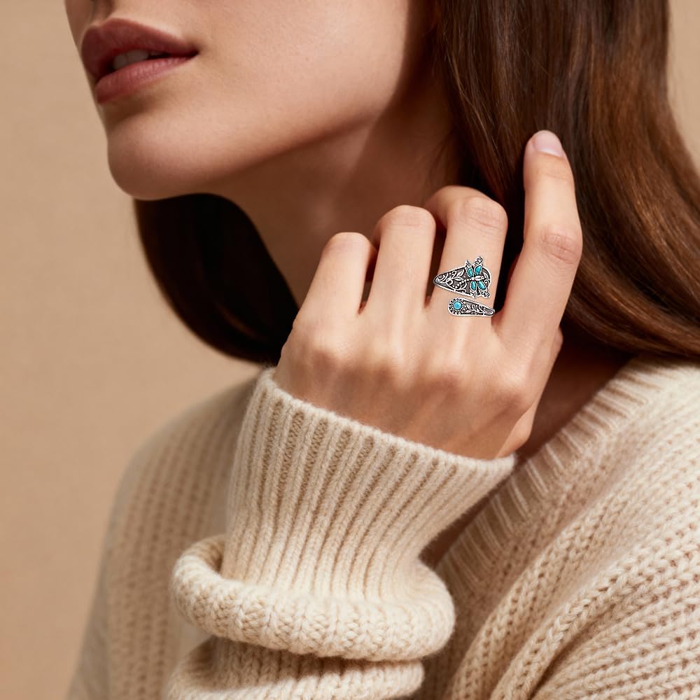 Spoon Dragonfly Ring Turquoise Rings for Women Sterling Silver Turquoise Jewelry Dragonfly Gifts Open Adjustable Vintage Boho Sunflower Thumb Oxidized