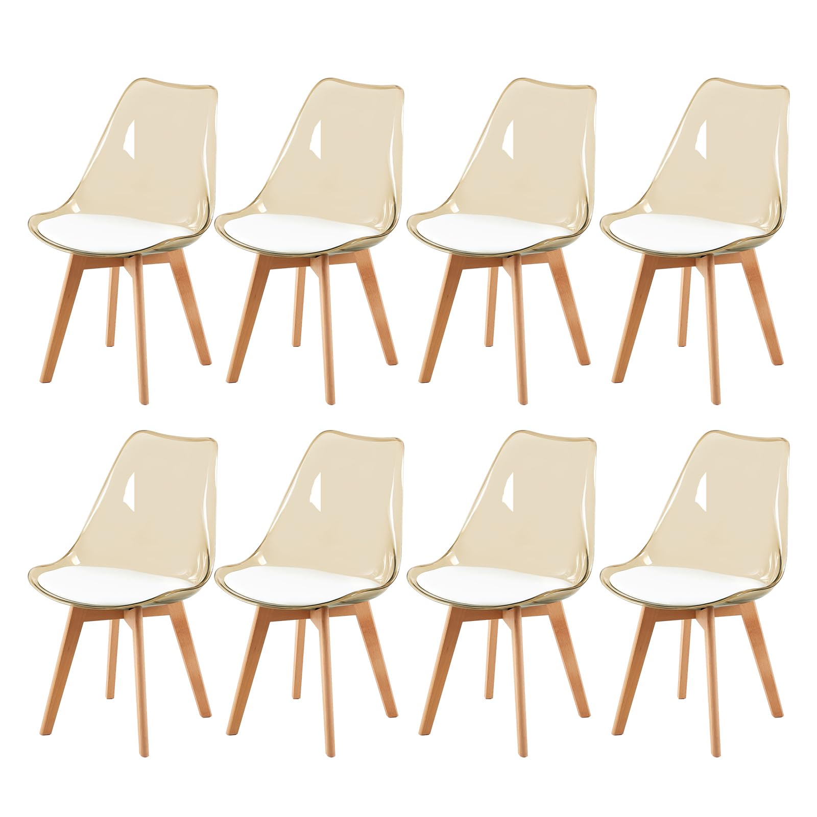 EGGREE Dining Chairs Set of 8, SGS Certified, Scandinavian Shell Chair with Color Contrast, Transparent Brown & White PU Leather Seat Cushion, Kitchen Chairs with Solid Wood Legs