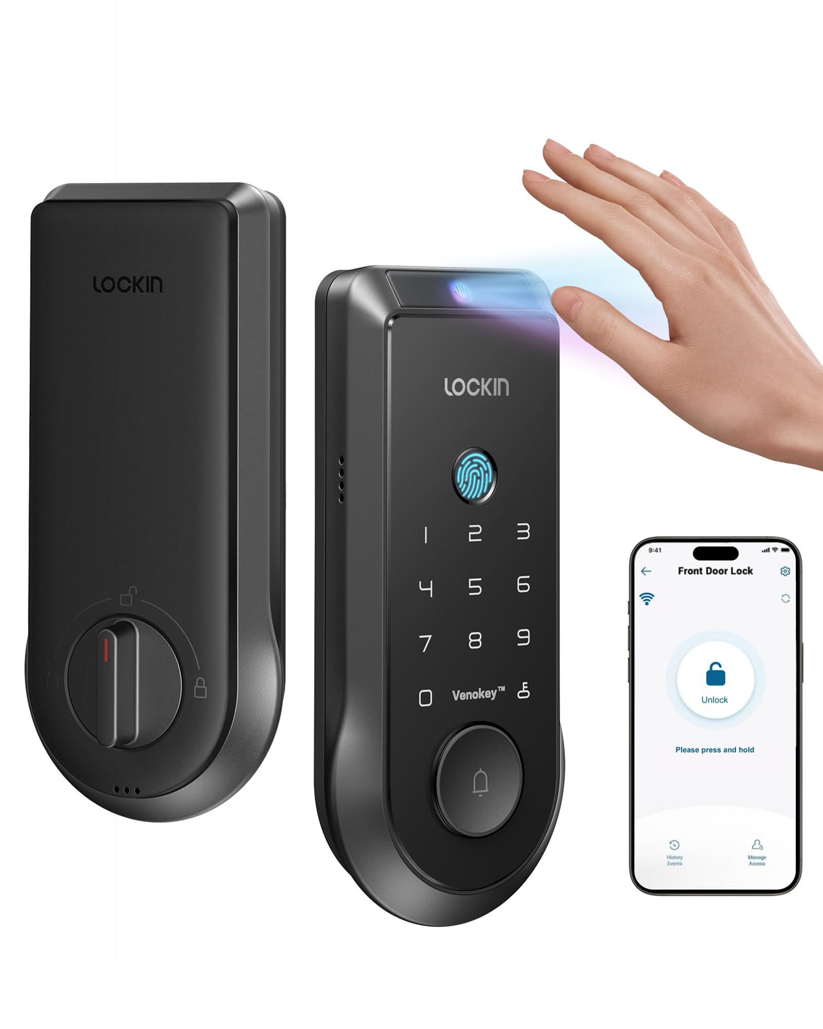Lockin Veno Smart Lock with Palm Vein, Keyless Entry Smart Locks for Front Door with Doorbell, Fingerprint Lock Built-in WiFi, App Remote Control, 7-Month Battery Life, IP65 Waterproof