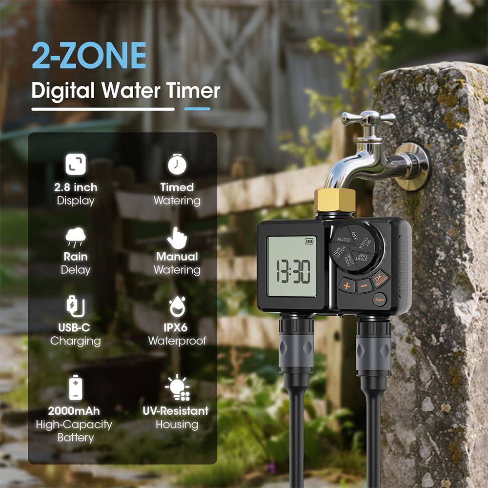 Bewässerungscomputer 2 Ausgänge, Bewässerungssystem Garten mit Regenverzögerung, Automatische Bewässerung Messing-Drehgelenk,Zeitschaltuhr Wasserhahn für Garten,Outdoor,Gewächshaus