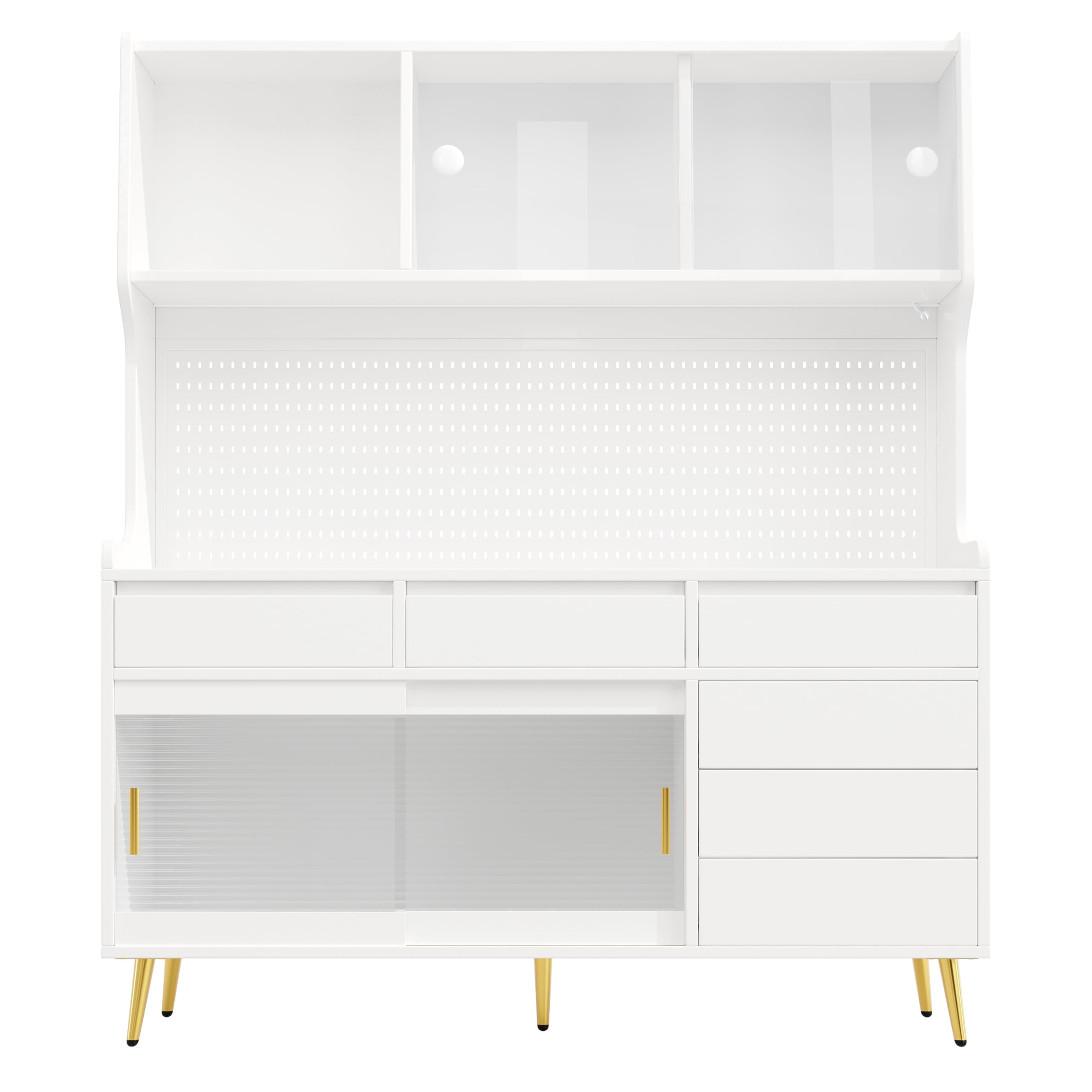 Mobile alto moderno, 145 x 39 x 171 cm, bianco, con armadio da cucina o armadio da sala da pranzo con cassetto, credenza con ripiano con parete forata