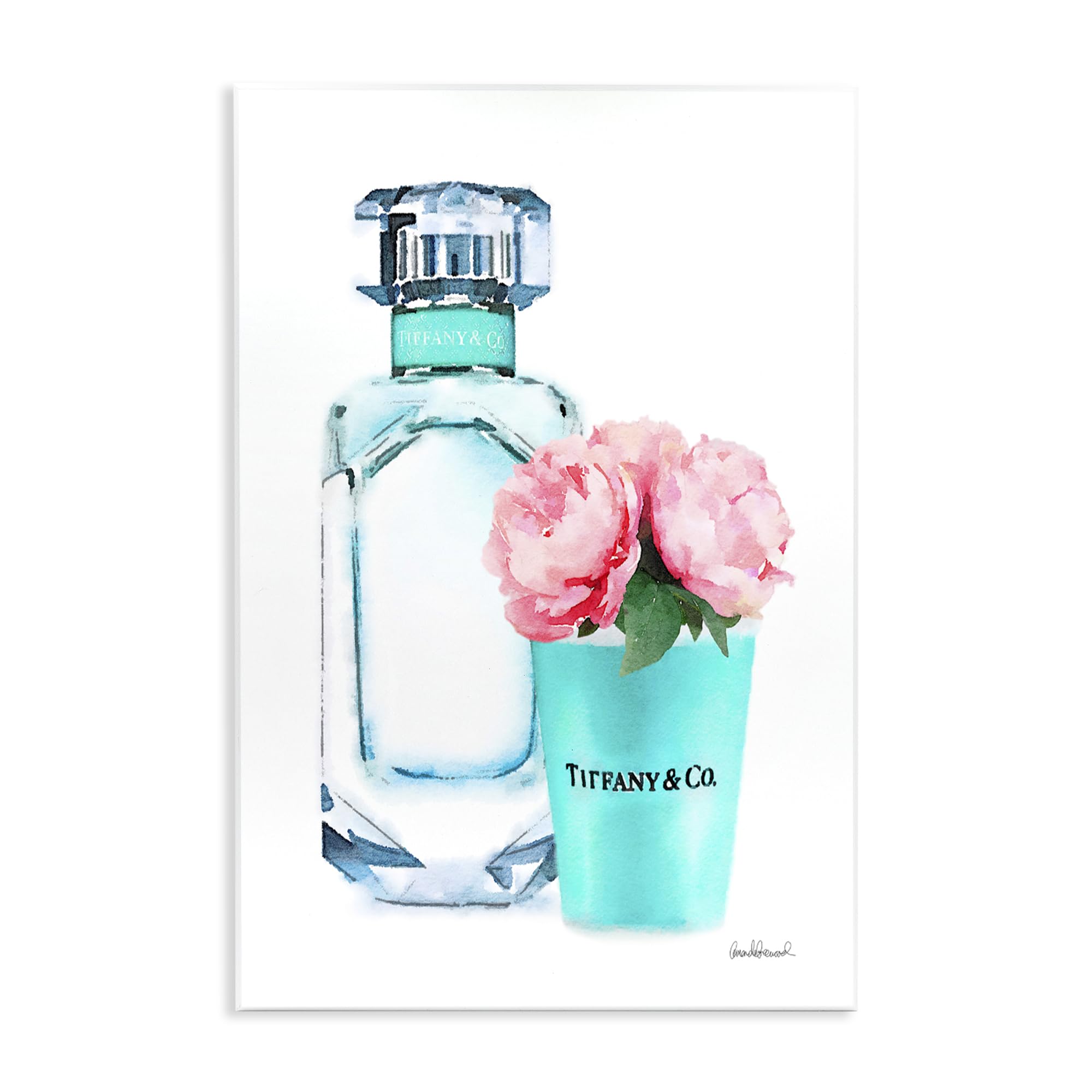 Teal Perfume Bottle and Peonies, 10 x 15 Inch Mounted Print on Wall Plaque