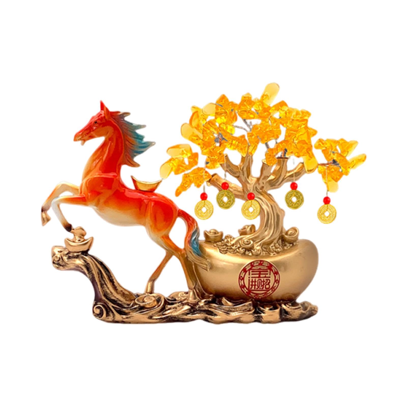 Gralara Money Tree Estatua Caballo Adorno Moneda Escultura Resina Coleccionable Figura Caballo Función Fortuna Prosperidad Adecuada para Oficina C, Naranja Roja, Individual