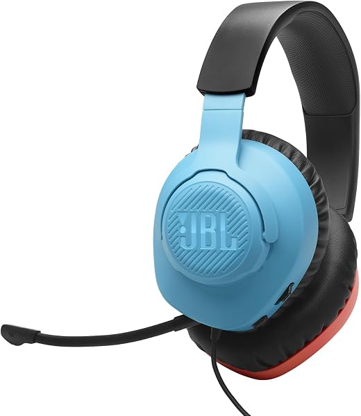 JBL Quantum 100N, casque gaming circum-auriculaire filaire, micro amovible, QuantumSURROUND Signature, comfortable, compatibilité multiplateformes et Windows Sonic Spatial Sound, en rouge et bleu - 1