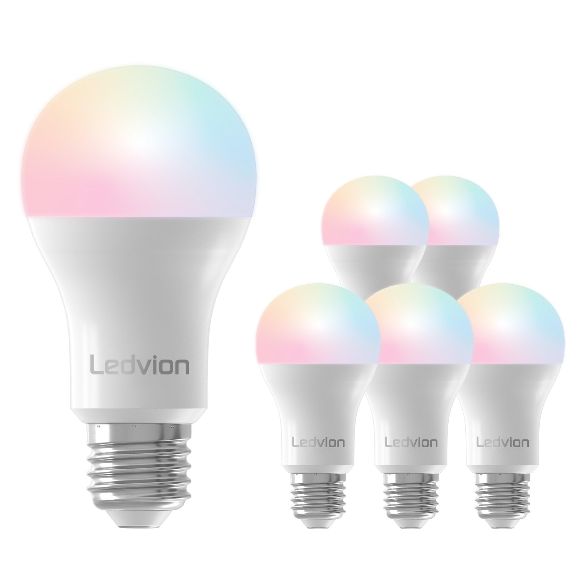 Ledvion - 6X Lámparas LED E27 SMART RGB+CCT, 8W, 806 Lúmenes, Iluminación Wi-Fi, Regulable, Alexa y Google Home
