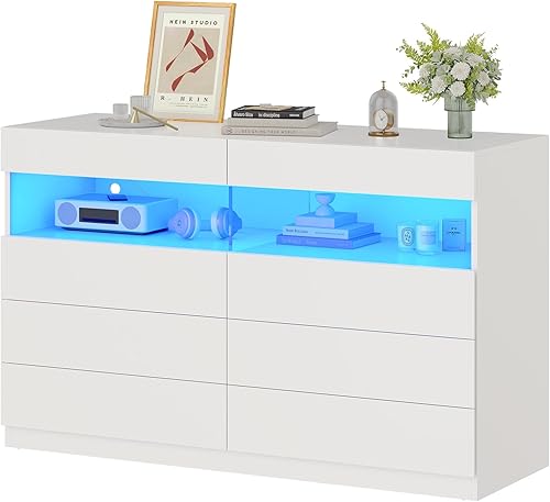 Miniatura 8 de HAUOMS Cómoda de 8 cajones con luces LED, cómoda blanca, moderna y doble cajón ancho para dormitorio, sala de estar, entrada