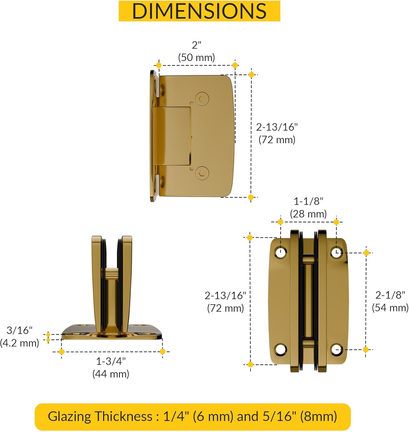 Brixwell Glass to Wall Mount Shower Door Hinge with Full Back Plate, Solid Forged Brass, 2-13/16" Height, 2" Width, 2-1/8" Hole Spacing(Vertical), Fits 1/4" and 5/16" Glass Panels, Lifetime Brass