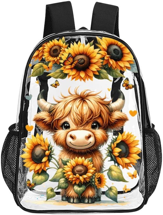 Highland Cow Clear Backpack Heavy Duty for Girls Kids Boys Women Men - Large Cute PVC Highland Cows Theme Printing Transparent Backpacks for Schools Stadium Concerts Work - Clear/Black